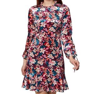 Bcbgeneration Velvet Floral Print Ruffle Trim Colorful Mini Dress